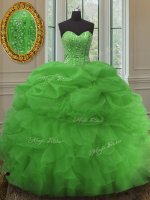 Custom Made Organza Sweetheart Sleeveless Lace Up Beading and Ruffles and Pick Ups Quinceanera Gowns in Green(SKU PSSW001-11BIZ)