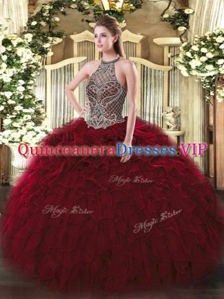 Fine Wine Red Organza Lace Up Quinceanera Dresses Sleeveless Floor Length Beading and Ruffles