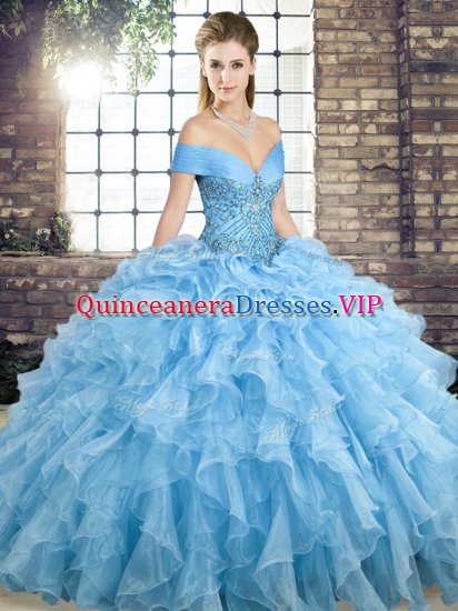 Blue Ball Gown Prom Dress Organza Brush Train Sleeveless Beading and Ruffles - Click Image to Close