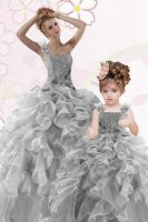 Floor Length Grey Sweet 16 Dress One Shoulder Sleeveless Lace Up