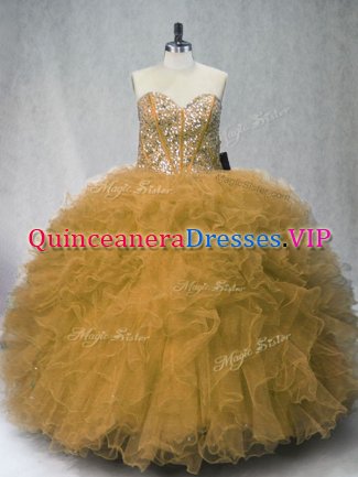 Excellent Brown Ball Gowns Beading and Ruffles 15 Quinceanera Dress Lace Up Tulle Sleeveless Floor Length