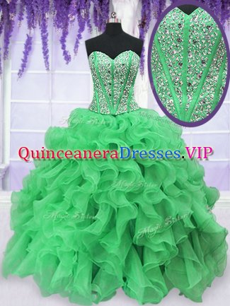 Green Ball Gowns Beading and Ruffles Quinceanera Dress Lace Up Organza Sleeveless Floor Length