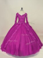 Fashion Fuchsia Tulle Lace Up Vestidos de Quinceanera Long Sleeves Floor Length Lace and Appliques