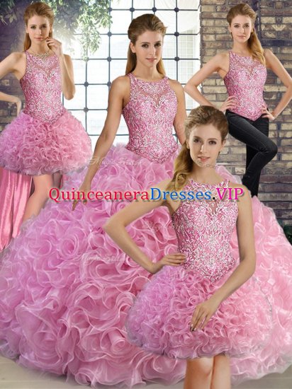 Customized Rose Pink Lace Up Scoop Beading Ball Gown Prom Dress Fabric With Rolling Flowers Sleeveless - Click Image to Close