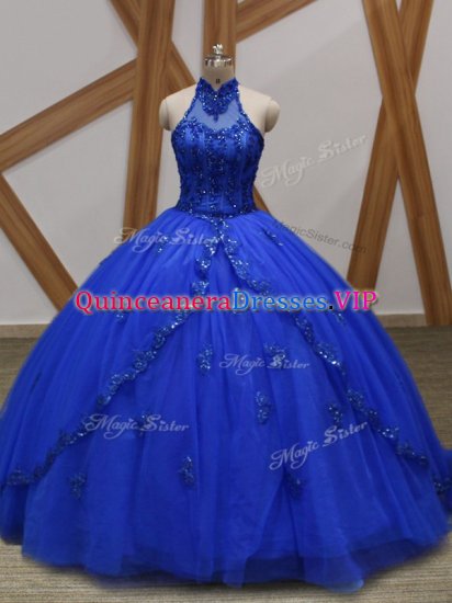 Fantastic Royal Blue Halter Top Lace Up Appliques Quinceanera Gowns Brush Train Sleeveless - Click Image to Close