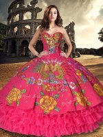 Custom Design Floor Length Red 15 Quinceanera Dress Organza and Taffeta Sleeveless Embroidery and Ruffled Layers