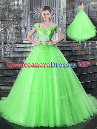 Dynamic Straps Sleeveless Brush Train Beading and Appliques Lace Up Quinceanera Dresses