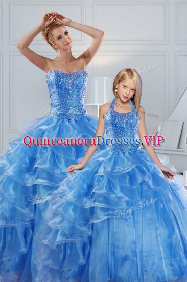 Baby Blue Organza Lace Up Sweetheart Sleeveless Floor Length 15 Quinceanera Dress Beading and Ruffled Layers - Click Image to Close