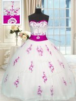 Sleeveless Lace Up Floor Length Appliques and Belt Quince Ball Gowns