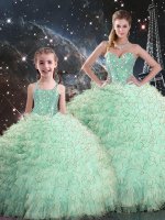 New Arrival Floor Length Apple Green Sweet 16 Quinceanera Dress Organza Sleeveless Beading and Ruffles