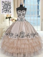 Fashionable Sweetheart Sleeveless Ball Gown Prom Dress Floor Length Beading and Embroidery and Ruffled Layers Champagne Organza and Taffeta