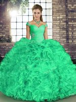 Sleeveless Organza Floor Length Lace Up Sweet 16 Dresses in Turquoise with Beading and Ruffles