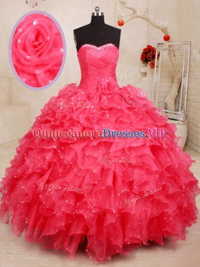 New Arrival Coral Red Lace Up Sweetheart Beading and Ruffles and Sequins and Hand Made Flower Quinceanera Gown Organza Sleeveless - Click Image to Close