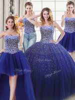 Four Piece Royal Blue Tulle Lace Up Sweetheart Sleeveless Floor Length 15 Quinceanera Dress Beading