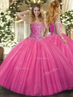 Floor Length Lace Up Quinceanera Dresses Hot Pink for Military Ball and Sweet 16 and Quinceanera with Beading