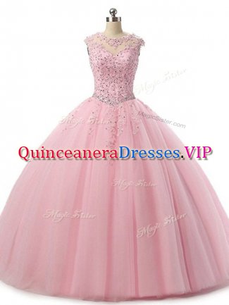 Scoop Sleeveless Quince Ball Gowns Floor Length Beading and Lace Baby Pink Tulle