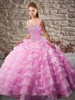 Graceful Sleeveless Organza Floor Length Court Train Lace Up Vestidos de Quinceanera in Pink with Beading and Ruffled Layers(SKU SJQDDT2068002-13BIZ)