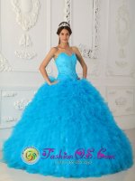 Warren New Jersey/ NJ Discount Teal Quinceanera Dress Sweetheart Satin and Organza With Beading Small Ruffled Ball Gown(SKU QDZY021-FBIZ)