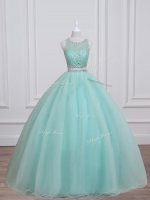 Graceful Aqua Blue Military Ball Gown Sweet 16 and Quinceanera with Beading Scoop Sleeveless Lace Up(SKU SWQD247BIZ)
