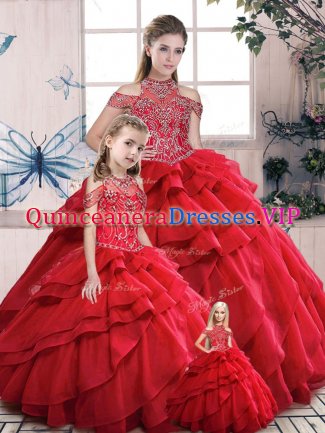 Glittering Floor Length Red Sweet 16 Quinceanera Dress Organza Sleeveless Beading and Ruffles