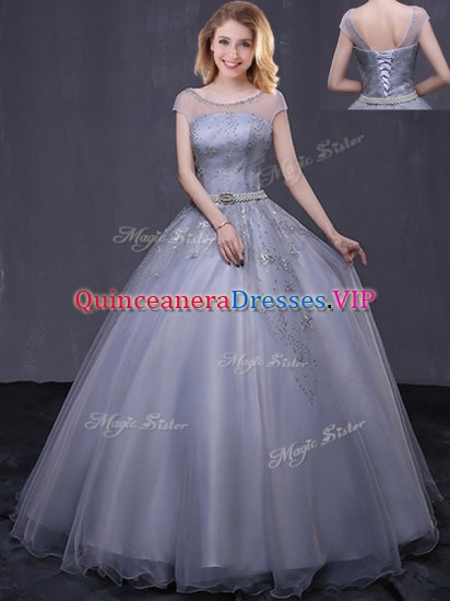 Most Popular Scoop Cap Sleeves Beading and Belt Lace Up 15th Birthday Dress - Click Image to Close