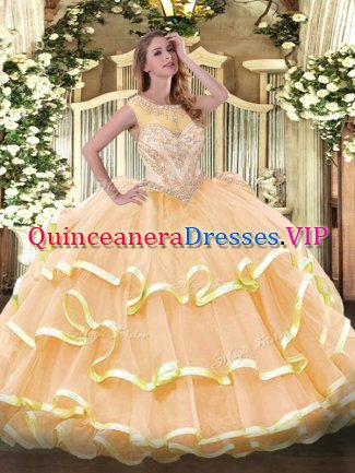 Peach Ball Gowns Organza Scoop Sleeveless Beading and Ruffled Layers Floor Length Zipper Sweet 16 Quinceanera Dress