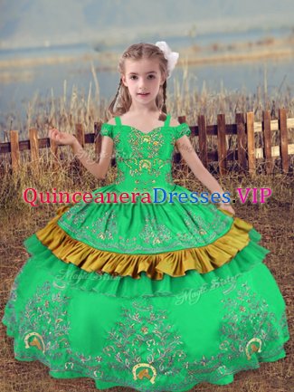 Turquoise Ball Gowns Beading and Embroidery Girls Pageant Dresses Lace Up Satin Sleeveless Floor Length