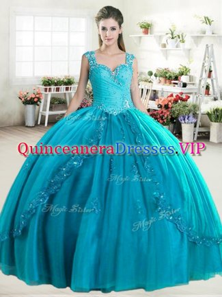Romantic Teal Tulle Zipper Quinceanera Gown Sleeveless Floor Length Beading