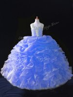 Blue Ball Gowns Organza Straps Sleeveless Beading and Ruffles and Pick Ups Floor Length Zipper Little Girls Pageant Gowns