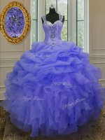 Straps Blue Organza Zipper Quinceanera Dress Sleeveless Floor Length Beading and Ruffles(SKU PSSW011-6BIZ)