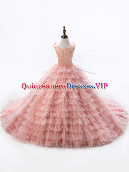 Pink Pageant Gowns For Girls Wedding Party with Beading and Ruffled Layers Scoop Sleeveless Court Train Lace Up - Click Image to Close