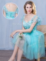 Nice Short Sleeves Lace and Appliques and Bowknot Lace Up Damas Dress