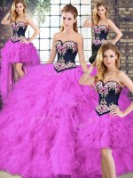 Fuchsia Sleeveless Tulle Lace Up Quince Ball Gowns for Sweet 16 and Quinceanera