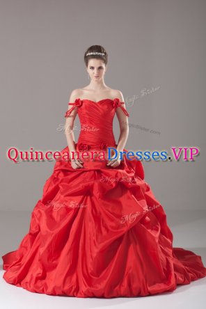 Customized Red Taffeta Lace Up Off The Shoulder Sleeveless Quinceanera Dresses Brush Train Ruching and Pick Ups and Hand Made Flower