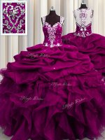 Pretty See Through Back Sleeveless Zipper Floor Length Beading and Ruffles and Sequins Quinceanera Dress