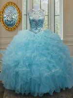 Edgy Scoop Aqua Blue Organza Lace Up Ball Gown Prom Dress Sleeveless Floor Length Beading and Ruffles