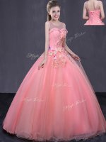 Custom Designed Scoop Sleeveless Floor Length Beading and Appliques Lace Up Vestidos de Quinceanera with Watermelon Red(SKU YCQD0122-1BIZ)