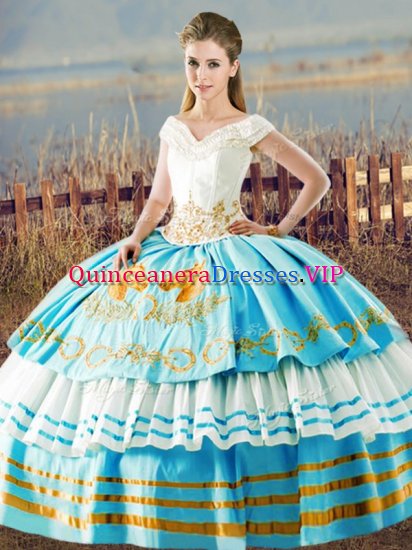 Flare Floor Length Blue And White Sweet 16 Quinceanera Dress V-neck Sleeveless Lace Up - Click Image to Close