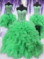 Comfortable Four Piece Green Ball Gowns Beading and Ruffles Sweet 16 Quinceanera Dress Lace Up Organza Sleeveless Floor Length(SKU PSSW059KC003-10BIZ)