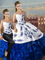 Edgy Embroidery and Ruffles Quinceanera Dresses Blue And White Lace Up Sleeveless Floor Length