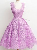 Fabulous Lilac Zipper Damas Dress Lace Sleeveless Knee Length