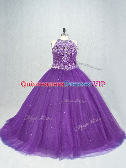 Pretty Sleeveless Tulle Brush Train Lace Up Sweet 16 Dress in Purple with Beading - Click Image to Close