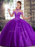 Cheap Sleeveless Beading Lace Up 15 Quinceanera Dress with Purple Brush Train