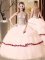 Customized Scoop Sleeveless Tulle Floor Length Lace Up Quince Ball Gowns in Peach with Beading and Appliques