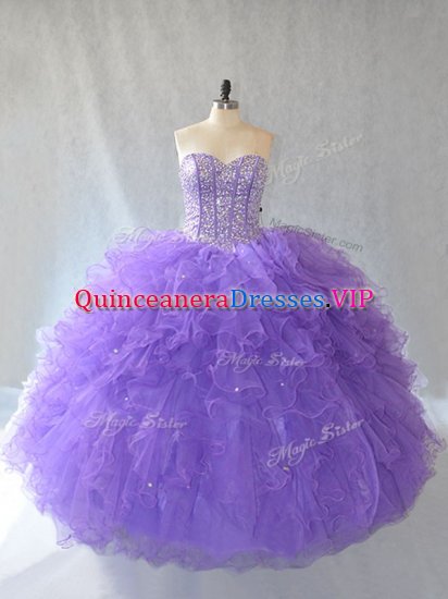 Discount Floor Length Lace Up Quince Ball Gowns Lavender for Sweet 16 and Quinceanera with Beading and Ruffles and Sequins - Click Image to Close