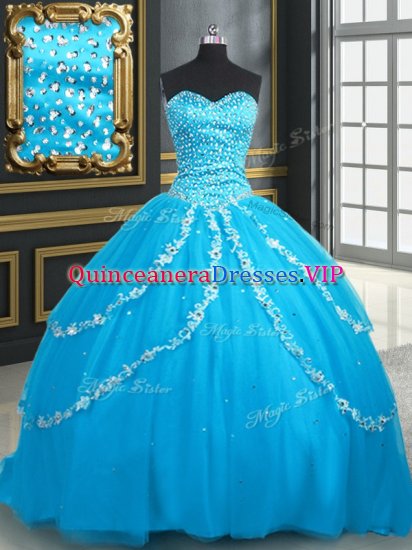Baby Blue Sweet 16 Dresses Military Ball and Sweet 16 and Quinceanera with Beading and Appliques Sweetheart Sleeveless Brush Train Lace Up - Click Image to Close