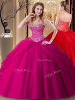 Beading Quinceanera Dress Fuchsia Lace Up Sleeveless Floor Length