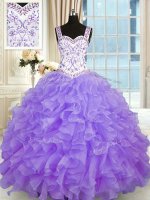 Lavender Sleeveless Floor Length Beading and Appliques and Ruffles Lace Up Quince Ball Gowns