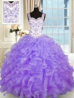 Lavender Sleeveless Floor Length Beading and Appliques and Ruffles Lace Up Quince Ball Gowns(SKU PSSW0319-8BIZ)