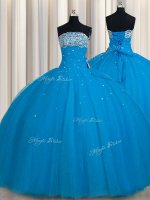 Really Puffy Teal Ball Gowns Tulle Strapless Sleeveless Beading and Sequins Floor Length Lace Up Ball Gown Prom Dress